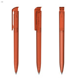 A transparent orange plastic pen featuring a click mechanism, displaying its clear barrel and ink tip.