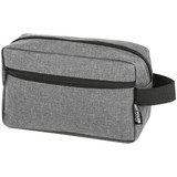 A grey toiletry bag with a zip closure and handle, featuring a logo on the side.