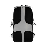 A grey and black eco-friendly backpack with mesh accents and adjustable straps. It has a logo on the front.