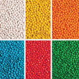 A collection of brightly coloured chewy fruit candies in six sections: white, yellow, orange, red, blue, and green.