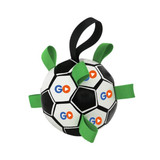 A dog soccer ball in black and white, featuring green grab tabs and a logo.