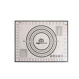 A silicone pastry mat in white with black measurement markings and circles, featuring a logo in one corner.