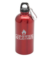 A drink bottle in shiny red with a metal cap and a carabiner, featuring a logo.