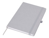 A grey recycled notebook with an elastic band, featuring a bookmark and a subtle logo.