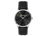 A men's dress watch with a black leather strap and a silver case featuring a black dial and branding.