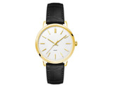 A gold ladies dress watch with a white dial and a black leather strap, featuring a minimalist design and a logo.