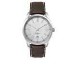 A men's casual dress watch featuring a silver face, brown leather strap, and a stainless steel case.