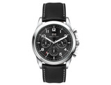 A black unisex watch featuring a leather strap, silver accents, and a black dial with white and red details.