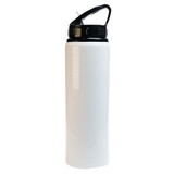 A drink bottle featuring a sleek white body and a black flip straw lid, designed for easy sipping.