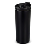 A drink bottle in sleek black with a push-button lid and a stainless steel interior. Features a logo on the side.
