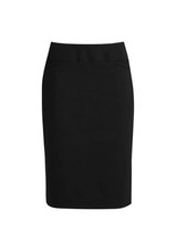 A knee-length women's skirt in black with a fitted design and a waistband. It features a branding logo. A knee-length women's skirt in black with a fitted design and a waistband. It features a branding logo.