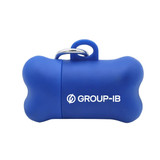 A blue bone-shaped dog waste bag dispenser with a keyring attachment and a logo.