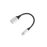 A silver and black USB 3.0 to USB C OTG adapter with a flexible design, featuring a logo.