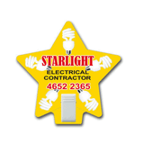 A yellow star-shaped magnet featuring light bulb graphics and a clip at the bottom, with a logo and contact details.