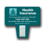 A green promotional clip featuring a white clip section and a logo, designed for office use.