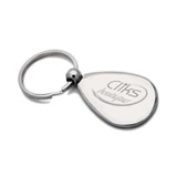 A metallic silver keyring in a teardrop shape with a circular attachment loop and a logo.