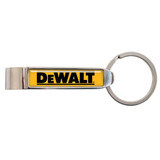 A drink bottle opener in silver and yellow, featuring a logo, with a keyring attachment for convenience.