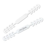 A white PVC face mask fastener with a leaf-like design and an embedded logo.