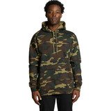 A camo hoodie in shades of green and brown with a kangaroo pocket and a hood, featuring a logo.