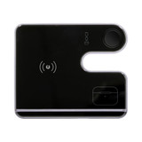 A black and silver wireless charger with a sleek design featuring multiple charging sections.