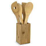 Bamboo kitchen utensils in a standing holder, featuring a spatula, spoon, and fork, all in natural bamboo colour.