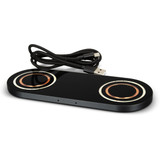 A sleek black dual wireless charger with gold accents and a USB cable. It features a modern design and branding.