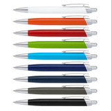 A collection of metal pens in various colours, including white, orange, red, green, blue, and black, with chrome accents.
