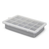 A grey ice tray with a clear lid, featuring twelve compartments for making ice cubes.