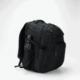 A black backpack featuring multiple compartments and a side pocket for a drink bottle, with a logo visible.