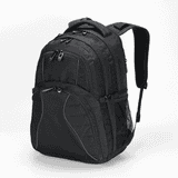 A black Fitzroy Backpack with multiple compartments, a mesh side pocket, and padded shoulder straps. It features a logo.