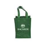 A drink bottle bag in green, featuring a logo, designed to hold two bottles securely.