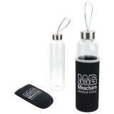 A drink bottle featuring a clear glass body and a black neoprene sleeve, with a stainless steel lid and a logo.