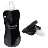 A black Flex Water Bottle with a carabiner and a nozzle, featuring a logo on the front.