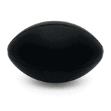 A black football-shaped stress ball with a smooth surface. It features a logo on one side.