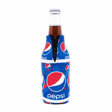 A drink bottle in a blue cooler with a zipper, featuring a repeating Pepsi logo design.