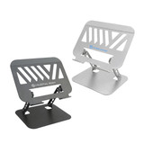 Two foldable metal laptop stands in black and silver, featuring adjustable angles and a branding logo on one.