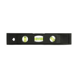 A black magnetic torpedo level featuring three vials with yellow fluid for measuring horizontal and vertical alignment.