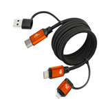 A coiled, black charging cable featuring orange connectors for USB, USB-C, and Lightning devices. It has a branded logo.