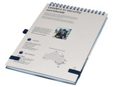 A light grey A5 notebook with a spiral binding, featuring a logo and contact information on the cover.
