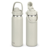 A drink bottle in light grey with a handle and a flip-top cap, featuring a logo on the side.