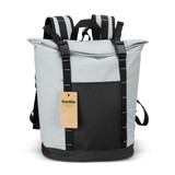 A grey and black cooler toting backpack with adjustable straps and a tag attached.