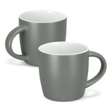 A drinkware set featuring two mocha coffee mugs in a matte grey colour with contrasting white interiors.
