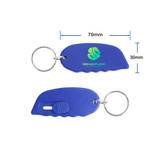 A blue mini cutter keyring with a keychain attachment and a small blade for cutting. Features a logo.
