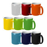 A set of coffee mugs in various bright colours, including white, red, orange, yellow, green, blue, black, and navy, with contrasting insides.