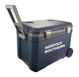 A dark blue rolling cooler box with a handle and wheels, featuring a logo on the side.
