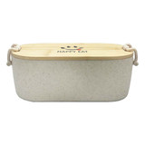 A bamboo lunch box in cream with a wooden lid. It features a logo on the top and has side handles.