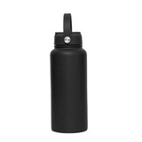 A drink bottle in matte black finish with a handle and a silver accent, featuring a logo on the front.