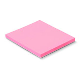 A pink sticky pad, 70 x 75mm, containing 50 sheets, with a simple design and a smooth surface.