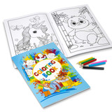An A4 custom cover colouring book with illustrated pages, accompanied by colourful pencils. Features a logo on the cover.
