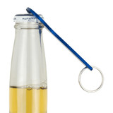 A drink bottle with a clear body, containing yellow liquid, and a blue aluminum bottle opener key ring attached.